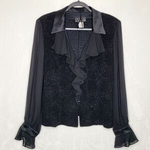 Alex Evenings Black Glitter Ruffle Button Down Top Size XL